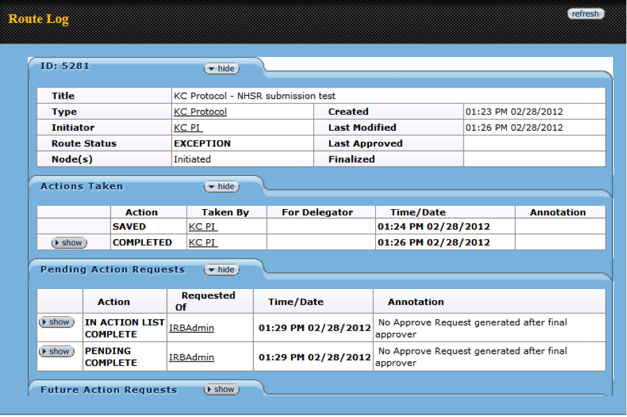 Figure 247 Protocol Document, Protocol Actions Page – Route Log Section 